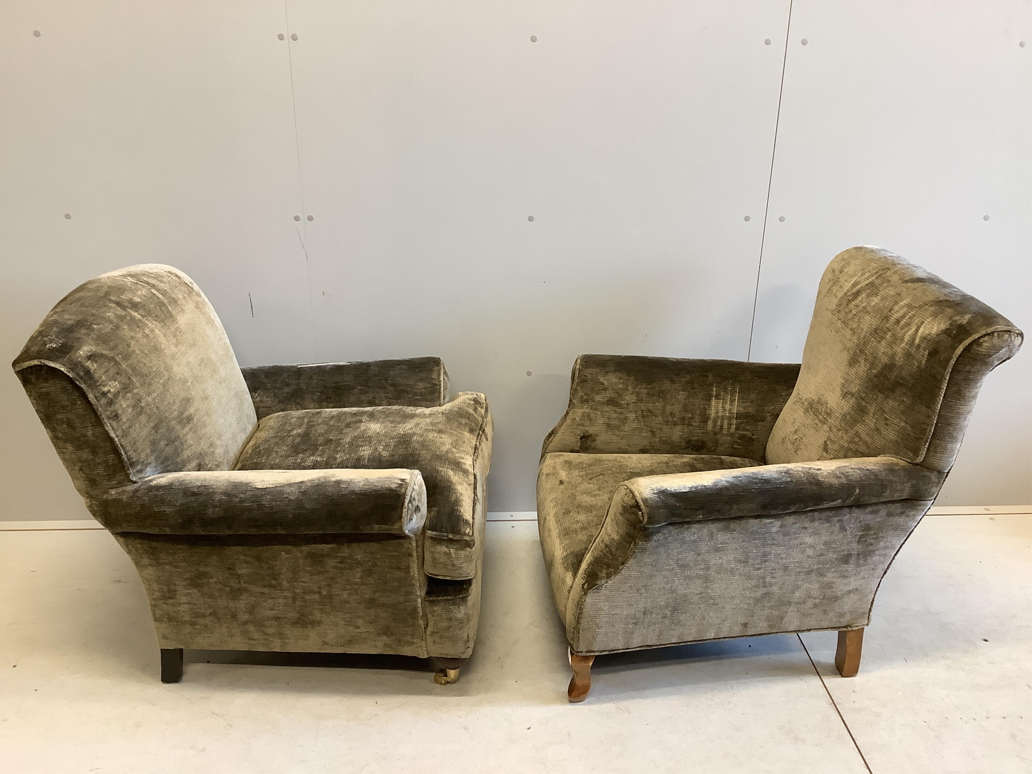 Two 20th century green velvet upholstered armchairs, larger width 78cm, depth 80cm, height 80cm. Condition - good